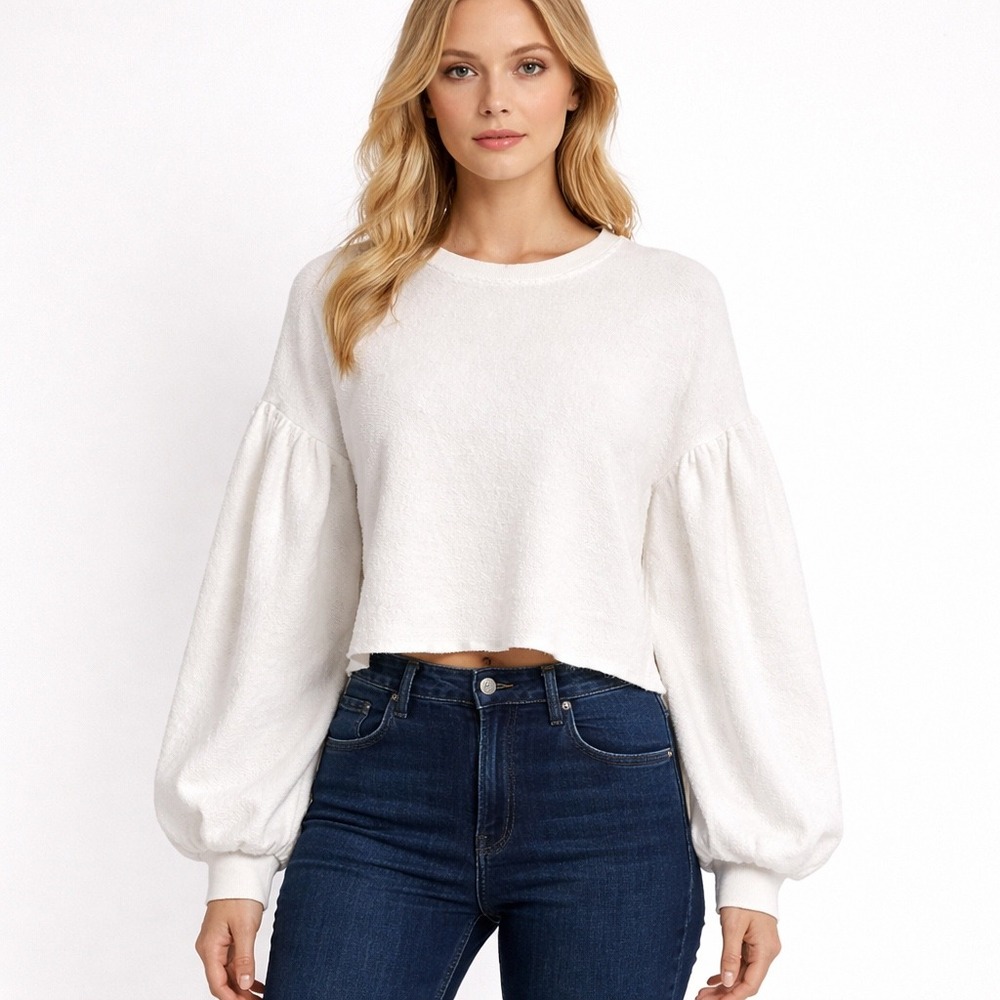 Womens Cream Terry Knit Puff Sleeve Cropped Sweatshirt Relaxed Crew Neck Top